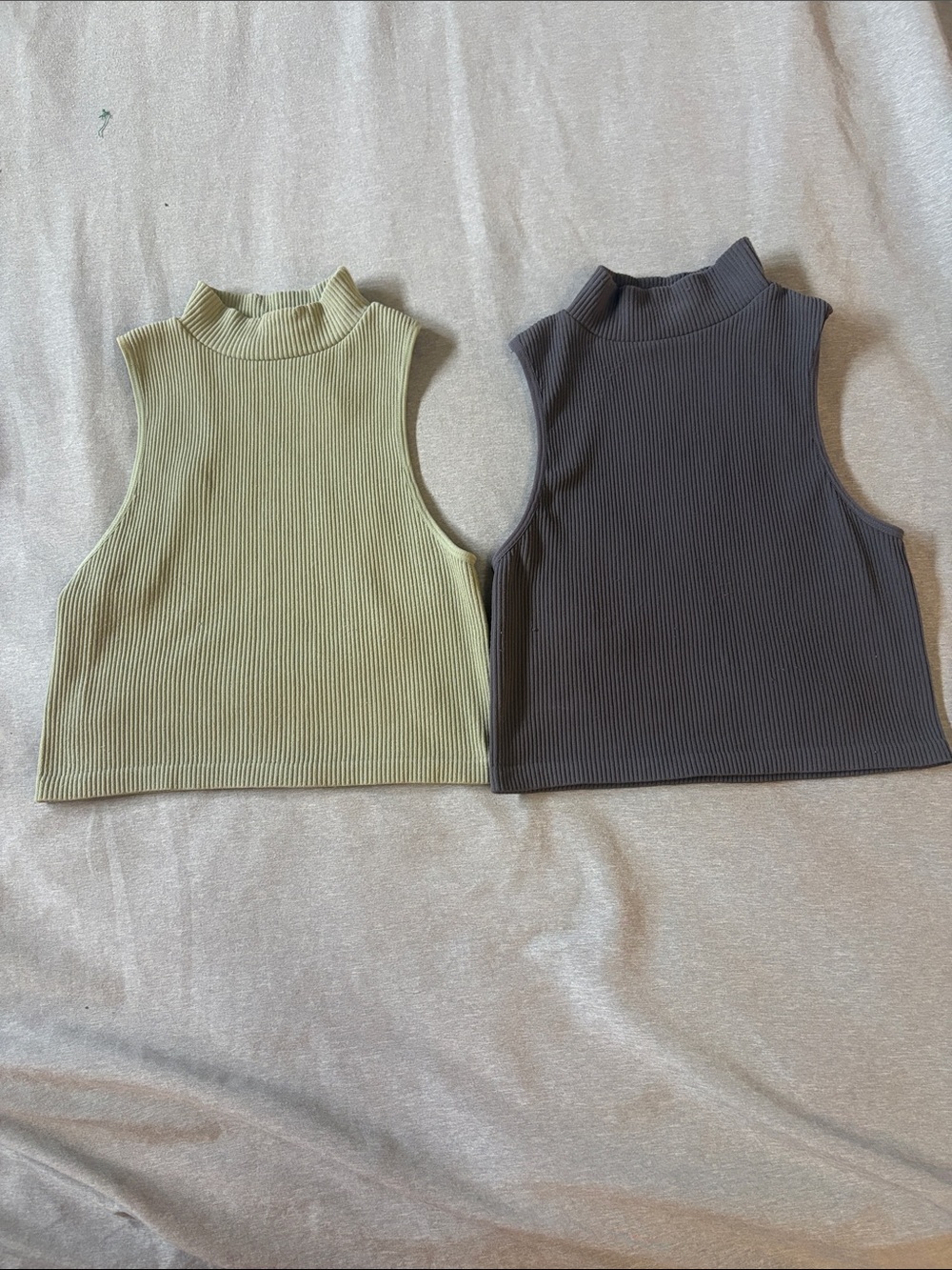 Zara Ribbed Sleeveless Mock Neck Cropped Tops - Light Green & Charcoal